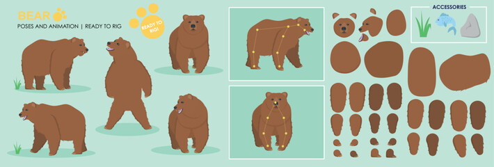 Cute brown bear ready for animation rigging , multiple poses, collection multiple angles including accessories, cartoon teddy bear character vector pack.