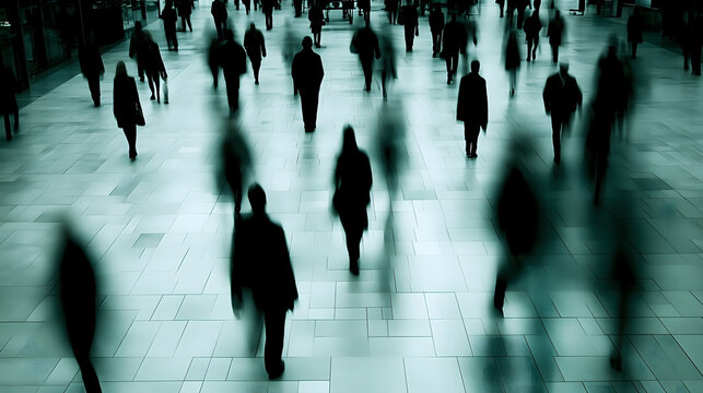Multitud de personas caminando r&aacute;pidamente en un espacio p&uacute;blico