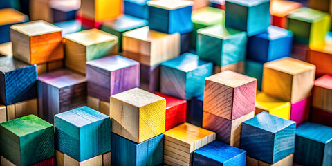 Obraz premium Vibrant Stacked Multicolor Wooden Blocks, Spectrum Representing Creativity, Diversity, Growth - Blurred Background