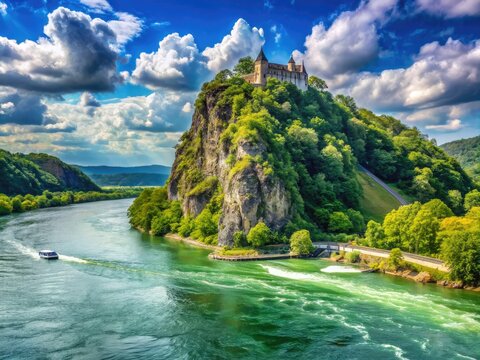 Iconic Rhine River Landmark, Lorelei Rock, With Lush Greenery And Flowing Waters Creating A Picturesque Scene