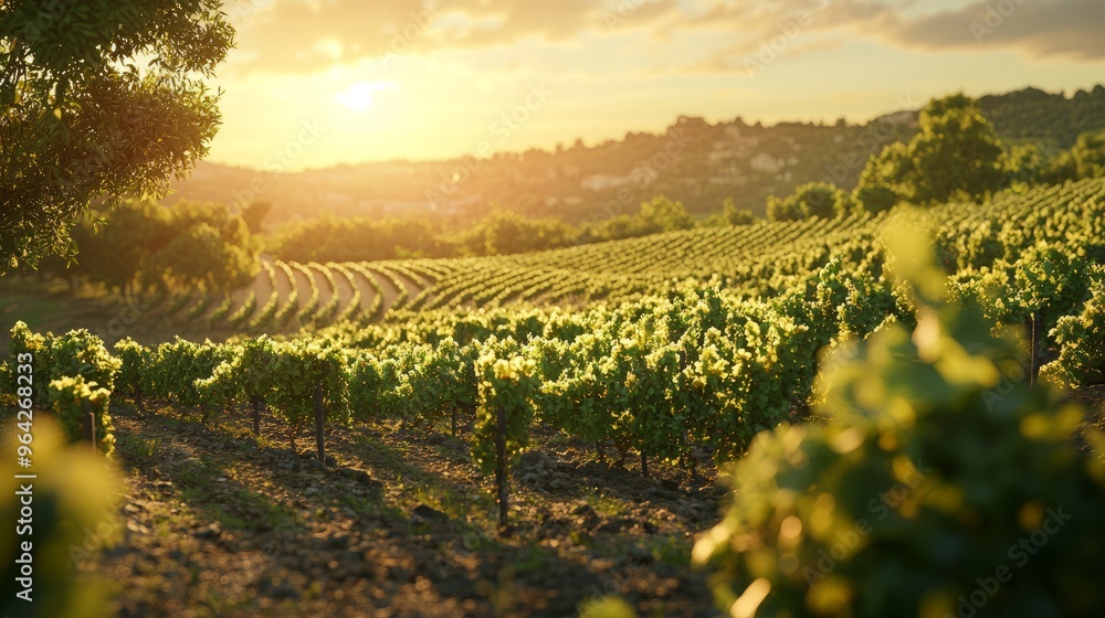 Poster Vineyard Rows with Sunset Glow.