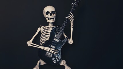 A skeleton grins as it plays an electric guitar against a dark background.