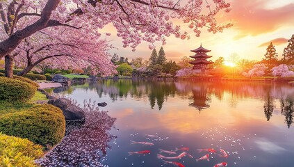 Beautiful Japanese garden with cherry blossom trees, a pagoda and koi fish in a pond at sunrise