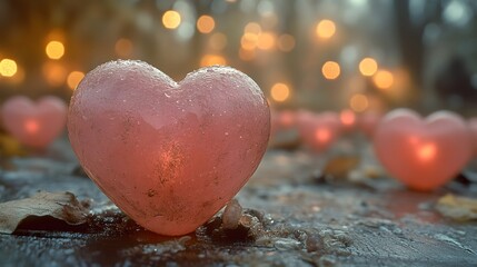 Fototapeta premium A heart made of ice is surrounded by candles. The scene is romantic and peaceful