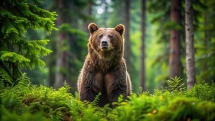 Fototapeta premium Majestic Adult Russian Brown Bear Standing Tall In A Lush Green Forest, Its Piercing Gaze Focused Intently