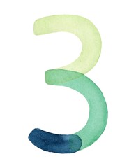 Handcrafted watercolor illustration of the number "3" with a vibrant, pastel color scheme. This artistic numeral is perfect for creative projects, educational materials, and modern design elements