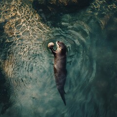 A Playful Otter Exploring a Tranquil River with Polished Stone in Paws