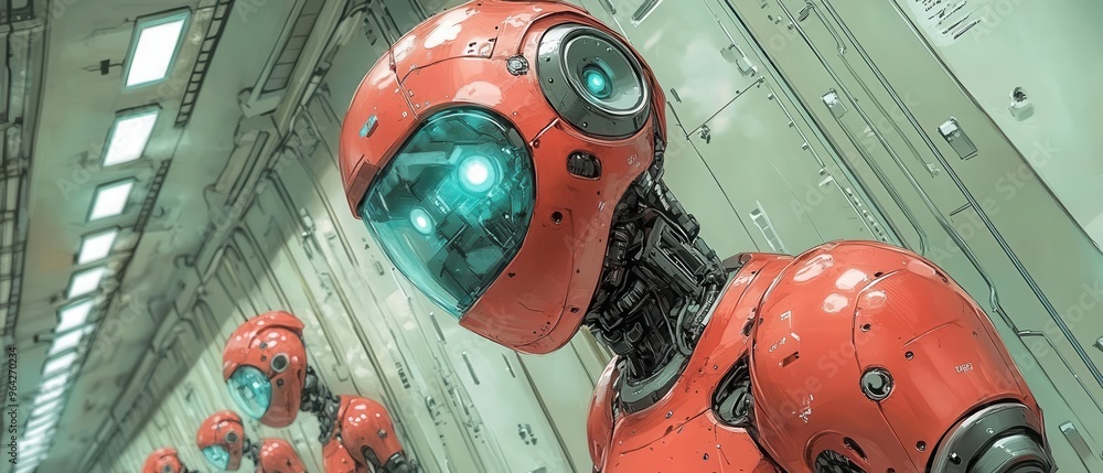 Poster futuristic orange robot in a high-tech environment, showcasing advanced technology and unique design