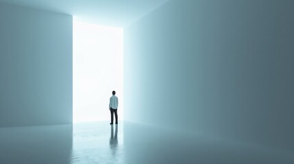 Businessman Standing in Minimalist Bright Room, Contemplating Future Opportunities