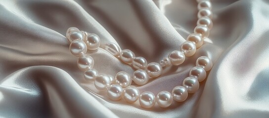Beautiful white pearl necklace and silk fabric on the table, white background