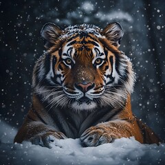 Resting Siberian Tiger in Snowy Winter Scene with Intense Gaze and Dramatic Contrast