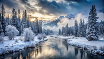 Majestic monochromatic landscape featuring a serene river flowing through a frosty forest, surrounded by bare trees and misty mountains under a gloomy sky.