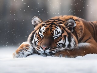 Naklejka premium Siberian Tiger Resting in Serene Snowy Landscape Icy Breath Visible Moody Winter Scene