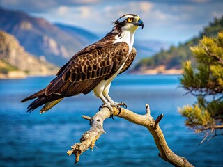 Fototapeta premium Majestic Osprey Bird With Fish In Its Talons, Perched On A Rugged Branch Overlooking A Vast Body Of Water.