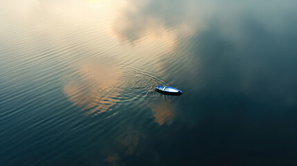 Solitary boat floating on calm water with gentle ripples and reflected clouds at sunset