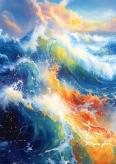 A painting of a wave with a splash of orange and yellow. The painting is full of color and seems to be a representation of the ocean