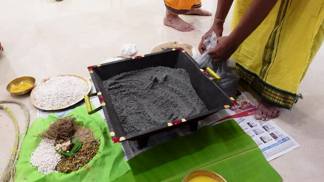 Bangalore, India 8th August 2024: Graha Pravesh. Grah or Gruh Pravesh is a Hindu ceremony performed on the occasion of an individual's first time entering their new home. Hindu Hawan pooja Rituals.
