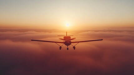 Small Plane Soaring Through Sunset Clouds