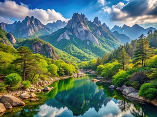 Fototapeta premium Majestic snow-capped peaks of Seoraksan National Park's granite mountains rise above lush green forests and serene alpine lakes in Korea's rugged mountainous landscape.