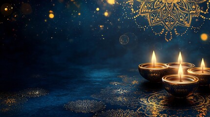 A regal Diwali background featuring royal blue and gold hues, with geometric mandala patterns and floating oil lamps creating a sense of elegance