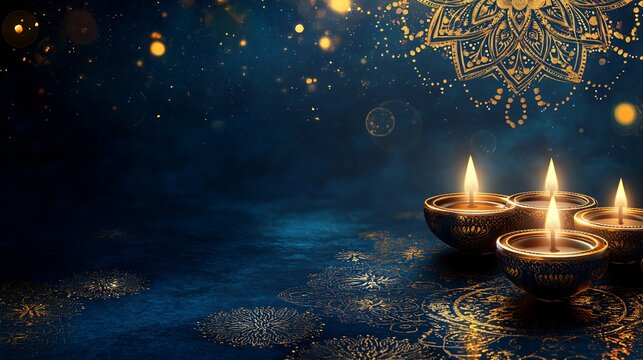 A regal Diwali background featuring royal blue and gold hues, with geometric mandala patterns and floating oil lamps creating a sense of elegance