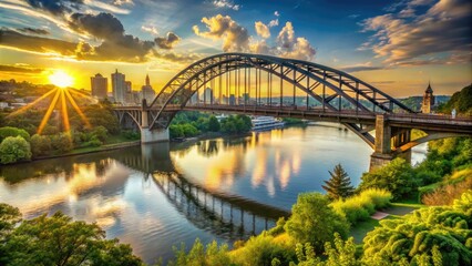 Fototapeta premium Majestic steel arch bridge spans tranquil Mahoning River, surrounded by lush greenery and vibrant cityscape, with sun casting warm golden light on the scene.