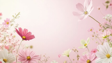 A soft pink background with various flowers as a frame