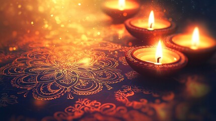 A vibrant Diwali background featuring a glowing mandala pattern with deep orange and yellow hues, accented by soft candlelight