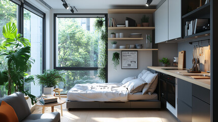 Small studio apartment with a foldable sofa bed, wall-mounted shelves, and a sleek, compact kitchen area. Bright natural light fills the space through large windows