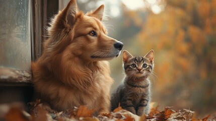 A golden dog and a tabby kitten sit side-by-side near a window, looking out at a blur of fall colors.