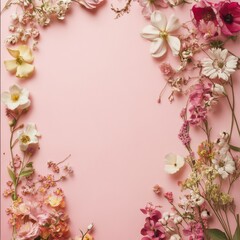 A soft pink background with various flowers as a frame