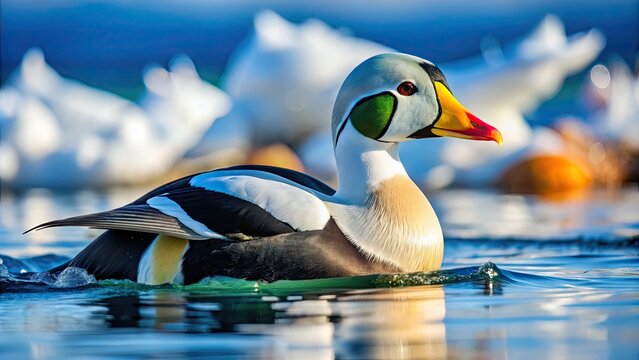 Male King Eider Duck With Black And White Plumage Swimming In The Icy Waters Of The Arctic.