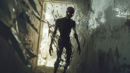 Detailed and Eerie Illustration of a Skin-Walker with Glowing Eyes and a Shifting Form, Capturing the Supernatural and Unsettling Nature of this Mythical Creature