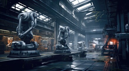 Two industrial robotic arms on a factory floor