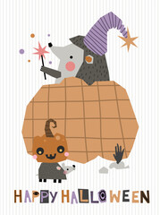 Cute hedgehog mouse jack o lantern pumpkin vector halloween ghost tombstone cartoon character greeting postcard