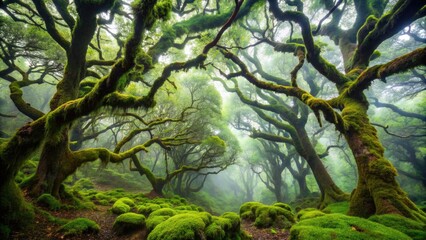 Fototapeta premium Misty rain-soaked trees stand tall amidst a vibrant green understory, their gnarled branches stretching towards the sky, surrounded by a veil of misty fog.