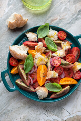 Tuscan-style tomato and bread salad or panzanella on a green serving tray, vertical shot on a grey granite background, high angle view