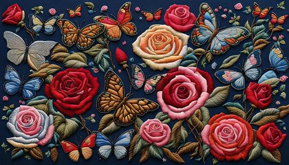 Embroidery Art Rose Butterfly Handmade Background