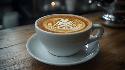 A white coffee cup with a leaf design on it sits on a wooden table. Concept of warmth and comfort