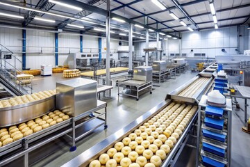 Modern Food Factory Interior With Automated Production Lines, Conveyor Belts, And Baking Ovens In A Hygienic And Spacious Environment