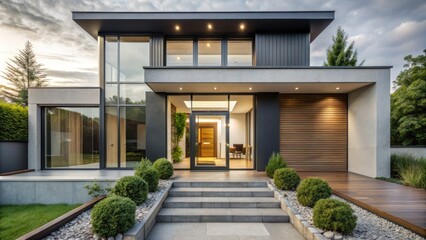 Modern Home Exterior Showcasing A Sleek Glass Front Door With Minimalist Design And A Clean Aesthetic Against A Contemporary Facade.