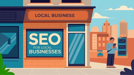 Local business storefront promoting SEO services with person using smartphone in urban setting. Business marketing concept