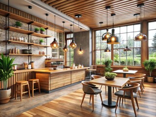 Modern, Inviting Coffee Shop Interior With Wooden Accents, Cozy Seating, And Ample Natural Light, Creating A Warm And Welcoming Atmosphere.