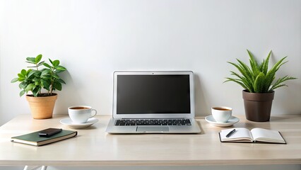 Modern Office Work Space With Desk, Computer, Notebook, Coffee Cup, And Plants On A White Background With Copy Space