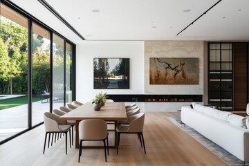 A contemporary living and dining space featuring a large table, comfortable chairs, modern sofas, a stylish fireplace, and floor-to-ceiling windows with garden view.