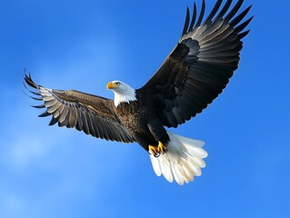 Obraz premium Majestic Bald Eagle Soaring Effortlessly Through Clear Blue Skies in Stunning Detail