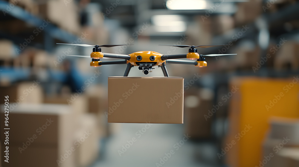 Poster drone capturing aerial views of a large logistics hub | advanced technology for efficient supply cha
