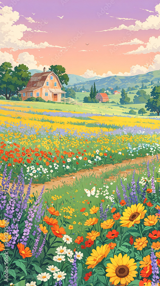 Wall mural vast countryside healing illustration