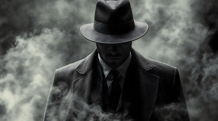 Hombre con sombrero y abrigo en un ambiente de niebla