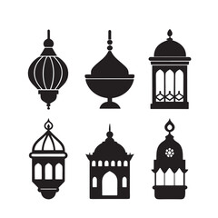 Set of Islamic Lantern Silhouette Illustration, Lantern icon. Decorative for festival, birthday, wedding. Vector illustration. Ornament Islamic Ramadan Lantern Symbol.